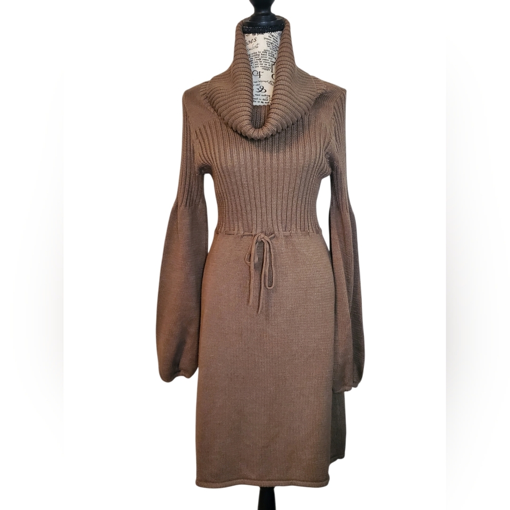 Calvin Klein Brown Ribbed Cowl Neck Sweater Midi Dress Size:Small